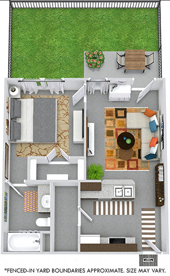 Floor plan for 1 bed, 1 bath, 572 sqft